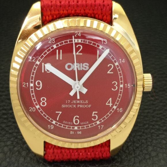 Vintage 1992 Oris Manual Mens Gold Watch W/Nato Strap & Red accents - Picture 4 of 9